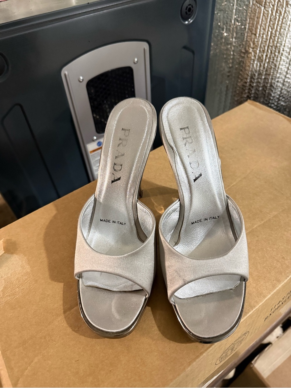 Prada Silver Satin Slide Mules